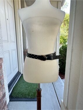 Yves Saint Laurent Black Studded Leather Belt with Gold Ring